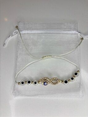 Evil Eye Infinity Bracelet - White Cord with Gold Accents